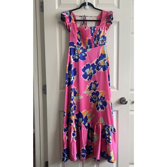VANILLA BAY Colorful Floral Pleated Bodice Smocked Ruffle Midi Dress Sz S NWT - Picture 4 of 14